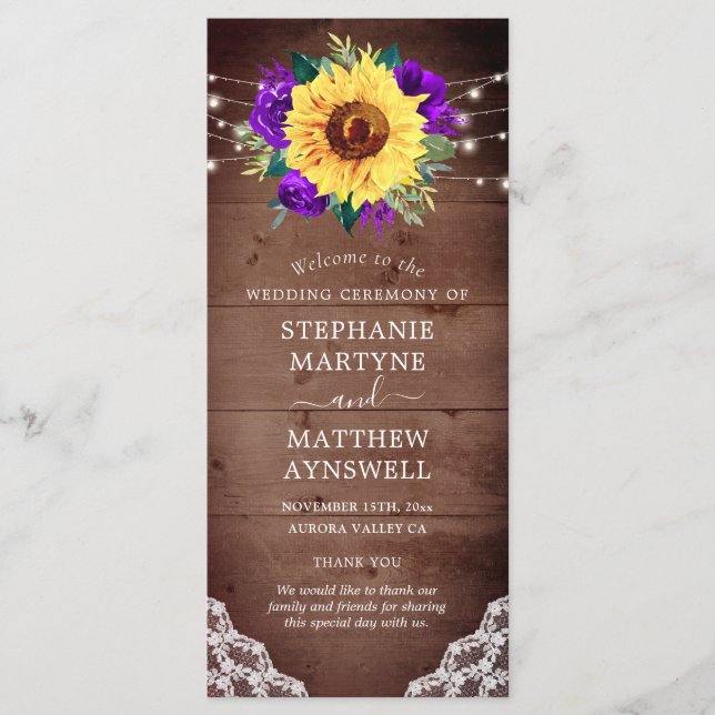 Rustic Sunflower Lace Purple Rose Fall Wedding Program (Front)