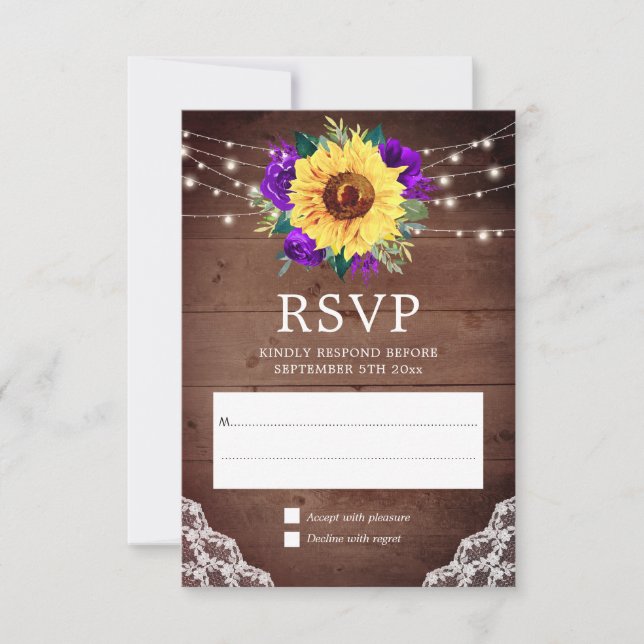Rustic Sunflower Lace Purple Rose Fall Wedding RSVP Card (Front)