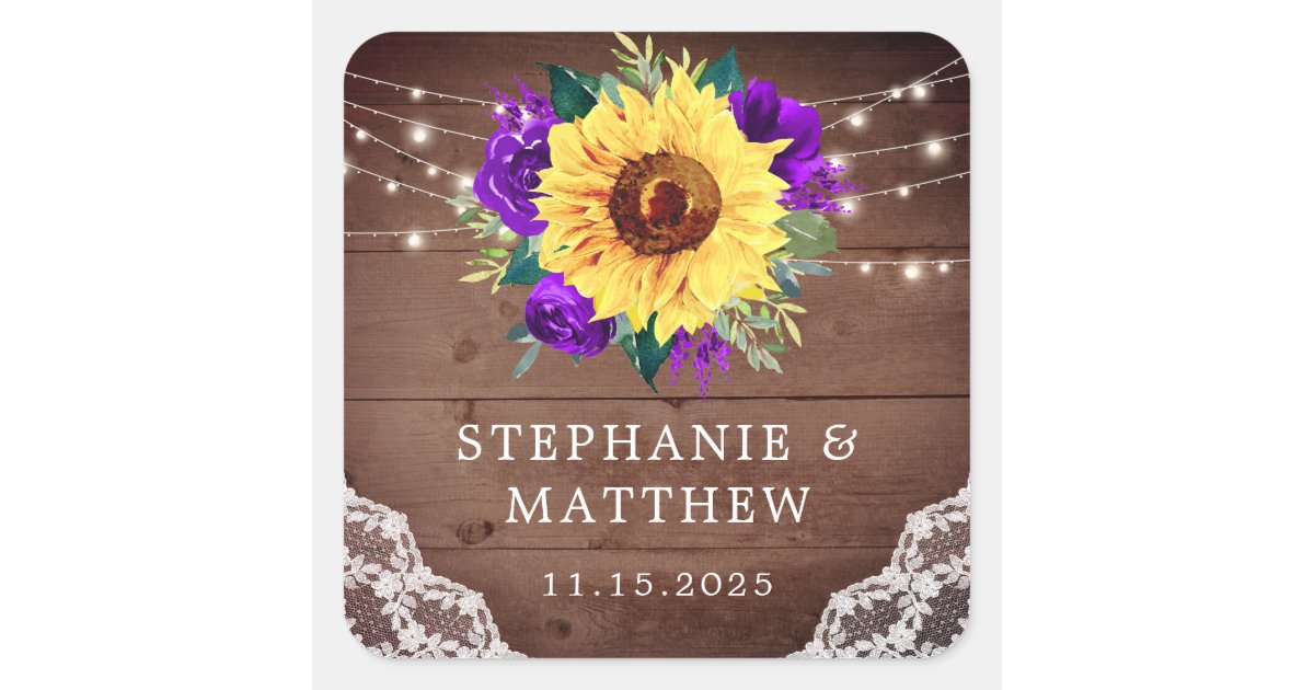 Rustic Sunflower Lace Purple Rose Fall Wedding Square Sticker | Zazzle