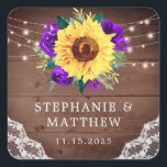 Rustic Sunflower Lace Purple Rose Fall Wedding Square Sticker<br><div class="desc">These wedding stickers feature watercolor sunflowers, purple roses, foliage and string lights on a wood background. Personalize these stickers with your names and wedding date. These stickers are ideal for use as envelope seal stickers or for decorating wedding favors. They are part of a collection which includes matching wedding stationery...</div>