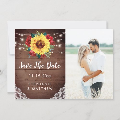 Rustic Sunflower Lace Red Floral Photo Wedding Save The Date