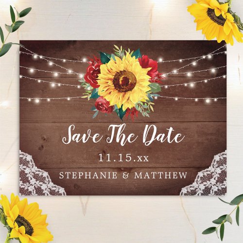 Rustic Sunflower Lace Red Floral Save The Date Announcement Postcard