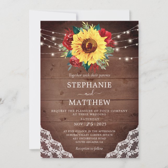 Rustic Sunflower Lace Red Rose Fall Wedding Invitation (Front)