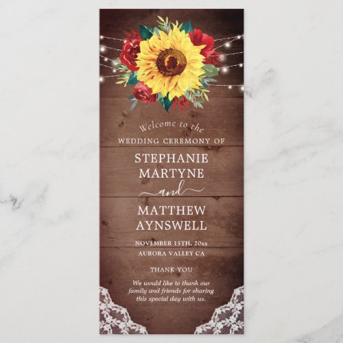 Rustic Sunflower Lace Red Rose Fall Wedding Program