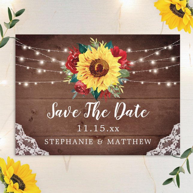 Rustic Sunflower Lace Red Rose Fall Wedding Save The Date (Creator Uploaded)