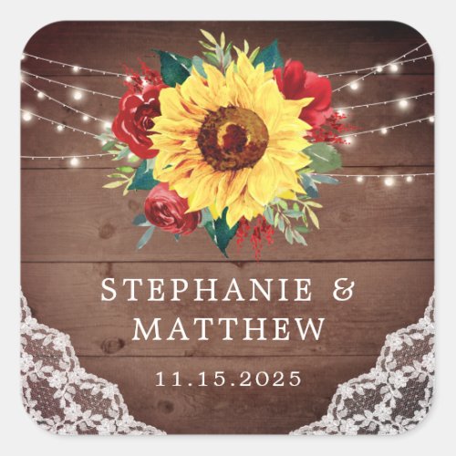 Rustic Sunflower Lace Red Rose Fall Wedding Square Sticker