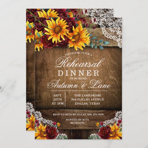 Rustic Sunflower Lace Rehearsal Dinner Invitation