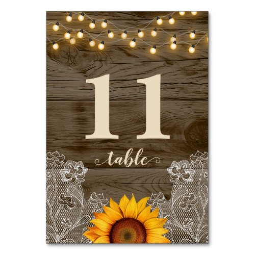 Rustic Sunflower Lace String Lights Wedding Table Number