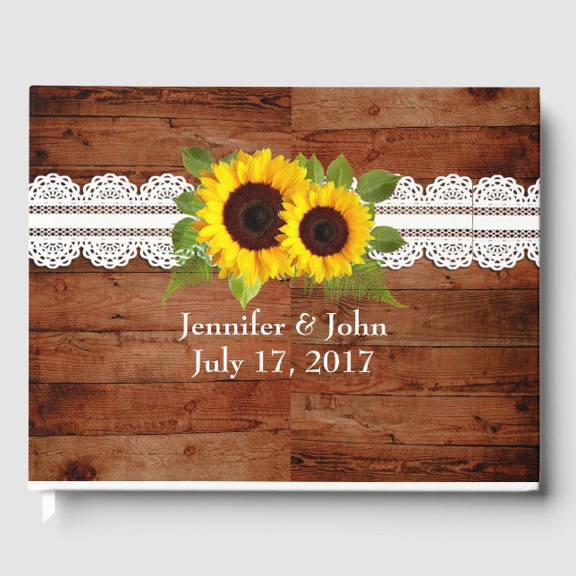 Rustic Sunflower Lace Wedding Guest Book (Front)