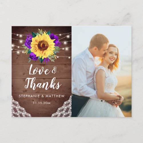 Rustic Sunflower Lace Wedding Photo Thank You Postcard