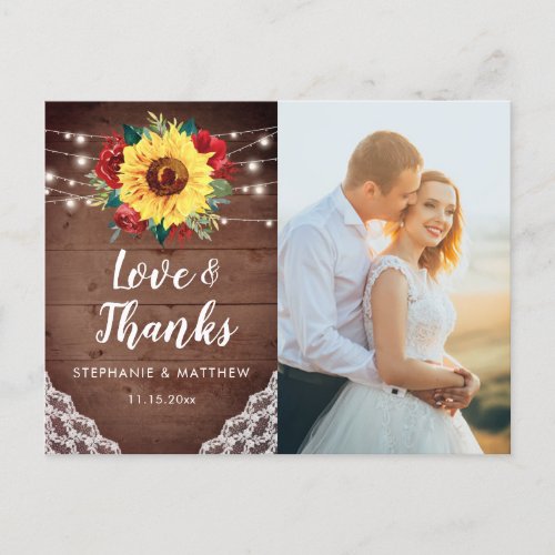 Rustic Sunflower Lace Wedding Photo Thank You Postcard