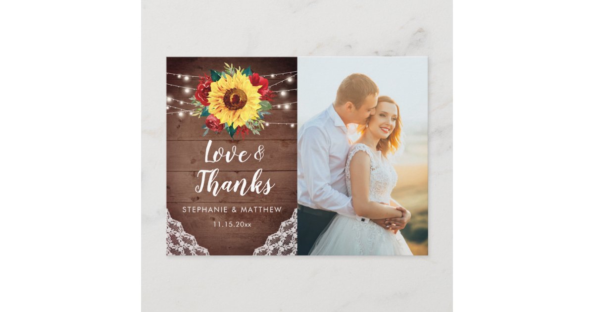 Rustic Sunflower Lace Wedding Photo Thank You Postcard | Zazzle