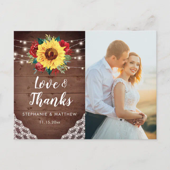 Rustic Sunflower Lace Wedding Photo Thank You Postcard | Zazzle