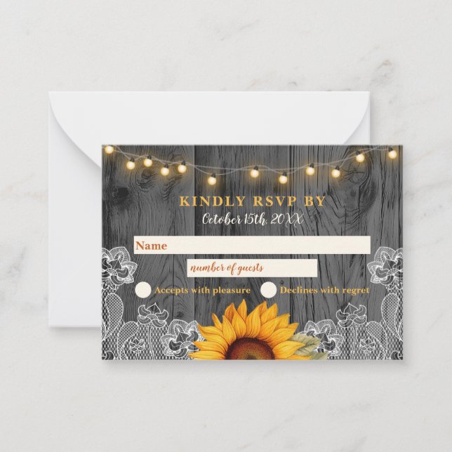 Rustic Sunflower Lace Wedding RSVP Card (Front)