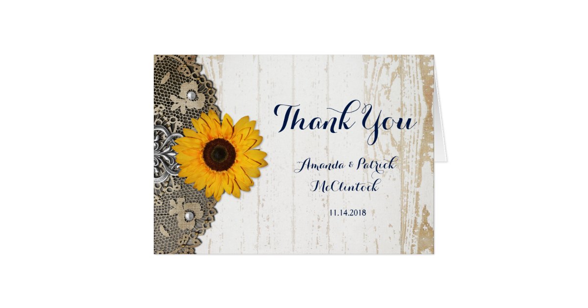 Rustic Sunflower Lace Wedding Thank You Card | Zazzle