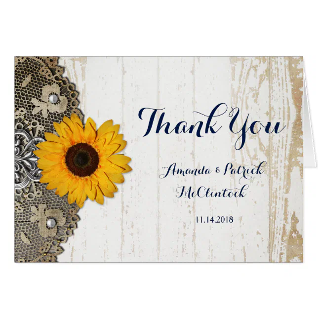 Rustic Sunflower Lace Wedding Thank You Card | Zazzle
