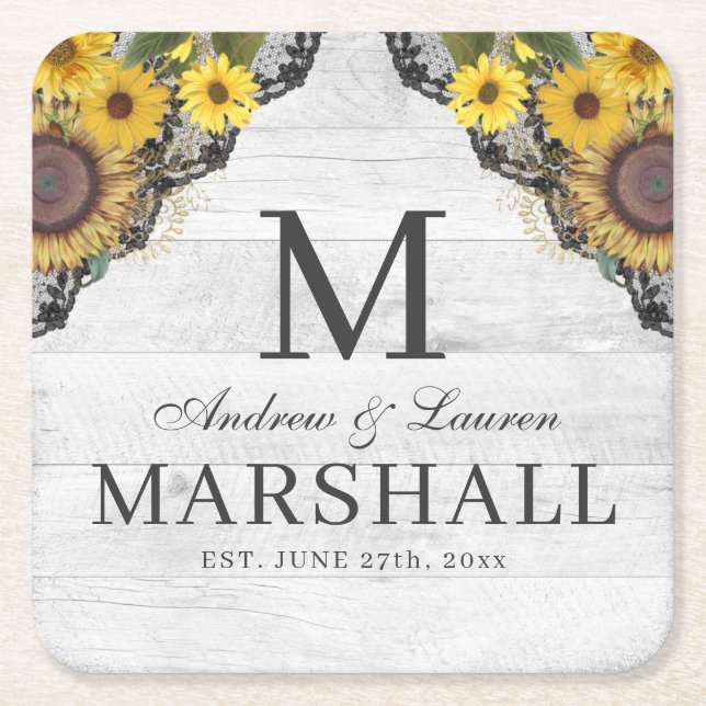 Rustic Sunflower Lace Wood Couple Summer Wedding Square Paper Coaster (Front)