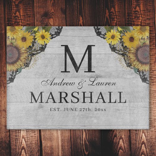 Rustic Sunflower Lace Wood Names Wedding Gift Cutting Board