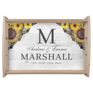Rustic Sunflower Lace Wood Names Wedding Serving Tray