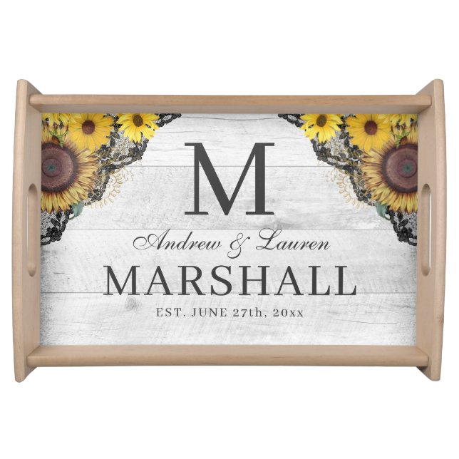 Rustic Sunflower Lace Wood Names Wedding Serving Tray (Front)