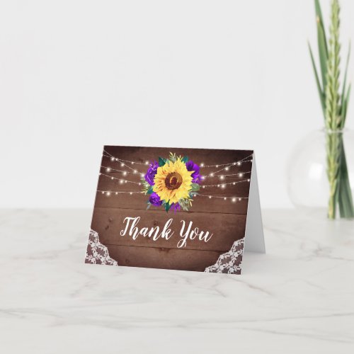 Rustic Sunflower Lace Wood Purple Floral Wedding Thank You Card
