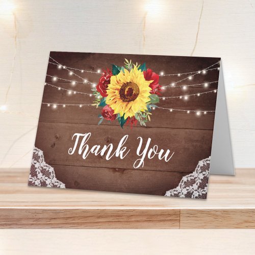 Rustic Sunflower Lace Wood Red Floral Wedding Thank You Card