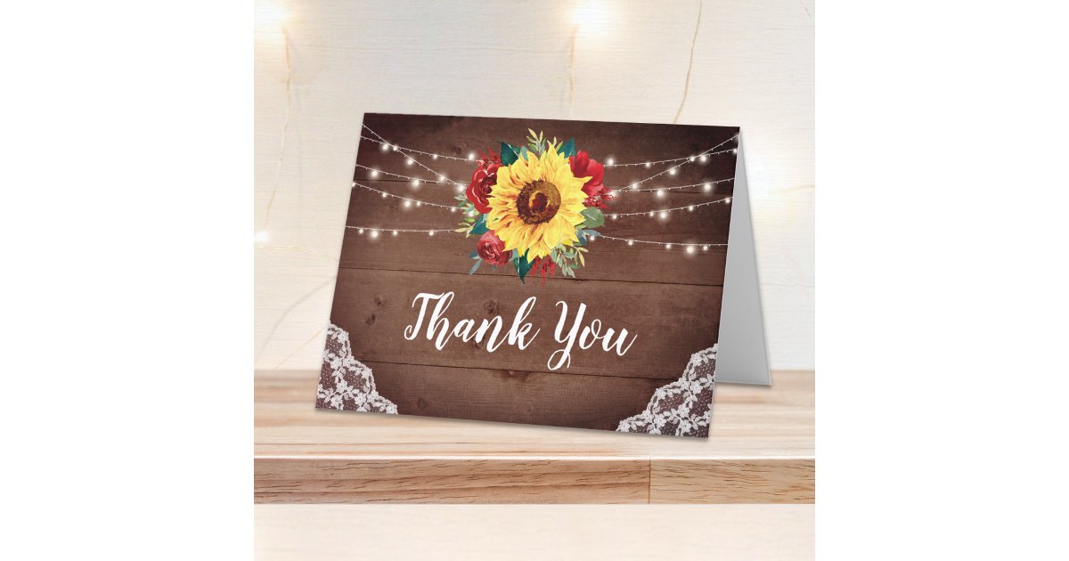 Rustic Sunflower Lace Wood Red Floral Wedding Thank You Card | Zazzle