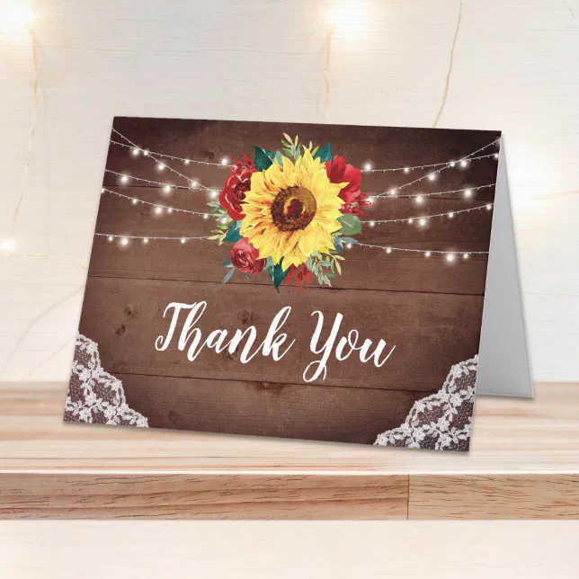Rustic Sunflower Lace Wood Red Floral Wedding Thank You Card | Zazzle