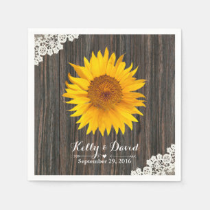 Rustic Sunflower Lace & Wood Wedding Paper Napkins