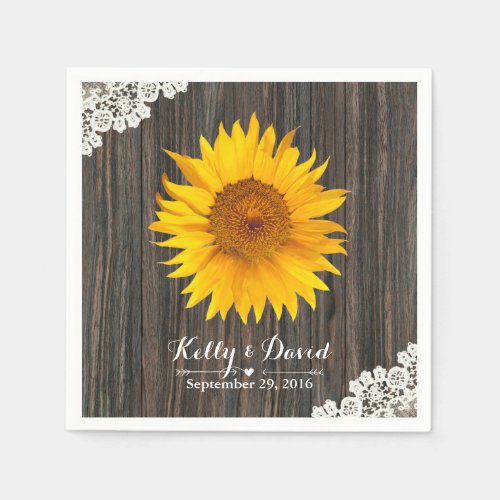 Rustic Sunflower Lace  Wood Wedding Paper Napkins