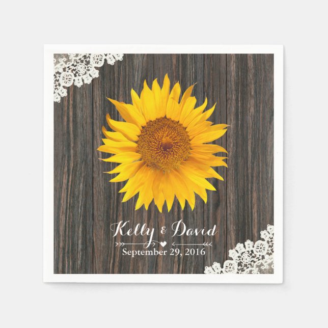 Rustic Sunflower Lace & Wood Wedding Paper Napkins (Front)