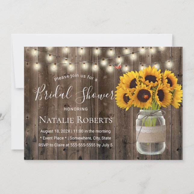 Rustic Sunflower & Ladybug Barn Wood Bridal Shower Invitation (Front)