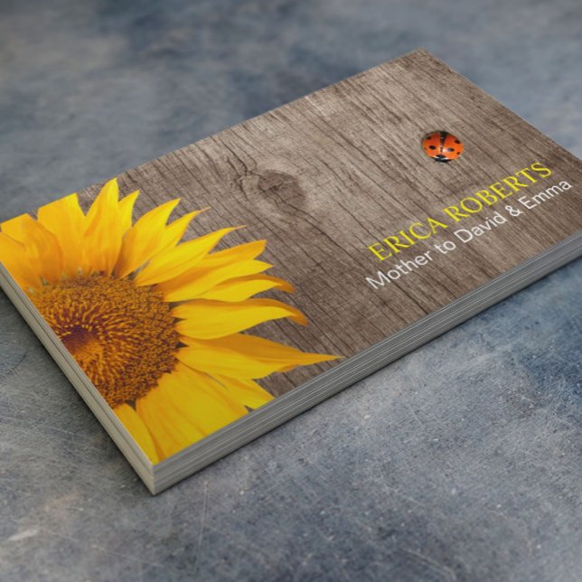 Rustic Sunflower & Ladybug Wood Background Mommy Calling Card (Creator Uploaded)