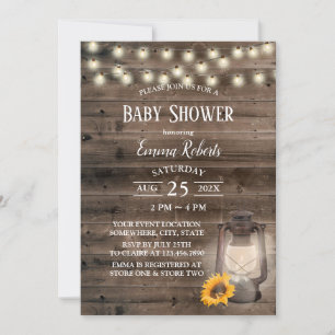 Rustic Sunflower Lantern Barn Wood Baby Shower Invitation