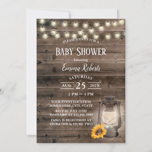 Rustic Sunflower Lantern Barn Wood Baby Shower Invitation