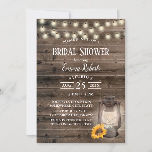 Rustic Sunflower Lantern Barn Wood Bridal Shower Invitation
