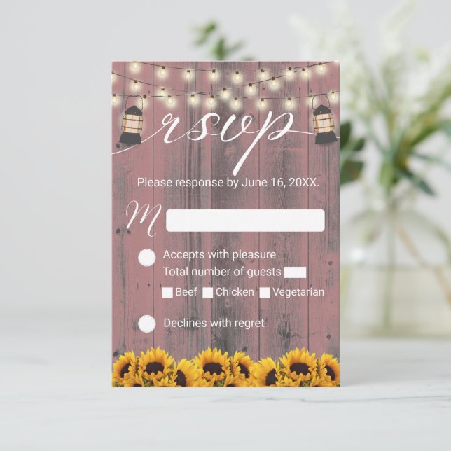 Rustic Sunflower & Lantern Pink Barn Wedding RSVP (Standing Front)