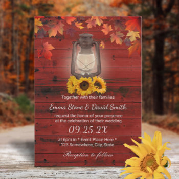 Rustic Sunflower Lantern Red Barn Fall Wedding Invitation by myinvitation at Zazzle