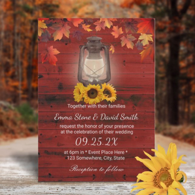 Rustic Sunflower Lantern Red Barn Fall Wedding Invitation (Creator Uploaded)