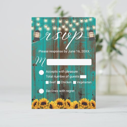 Rustic Sunflower  Lantern Teal Barn Wedding RSVP