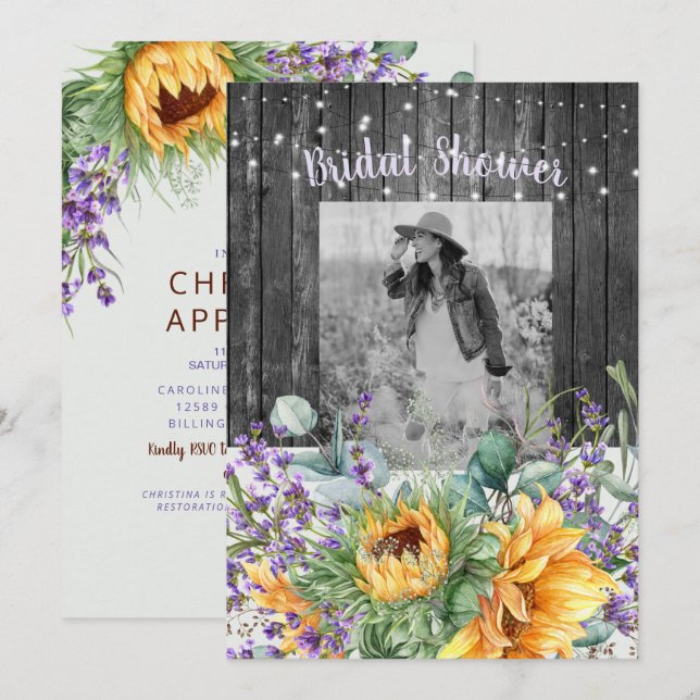 Rustic Sunflower Lavender II Photo Bridal Shower Invitation (Front/Back)