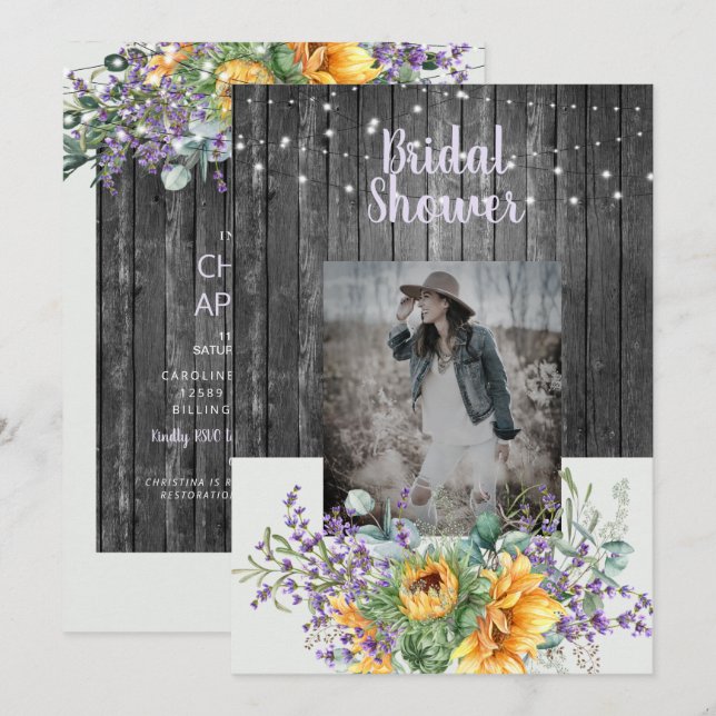 Rustic Sunflower Lavender Photo Bridal Shower  Invitation (Front/Back)