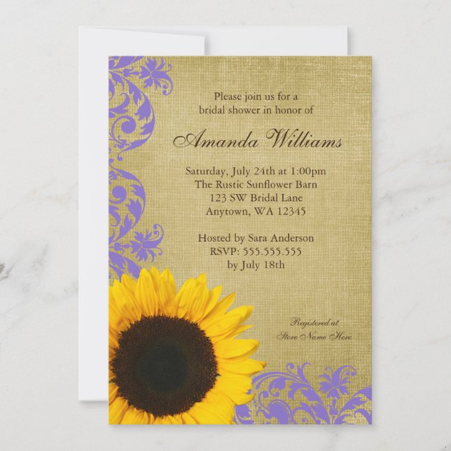 Rustic Sunflower Lavender Swirls Bridal Shower Invitation (Front)