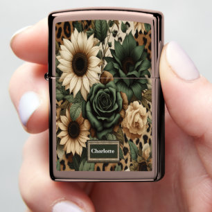 Rustic Sunflower Leopard Art: Black Border Zippo Lighter