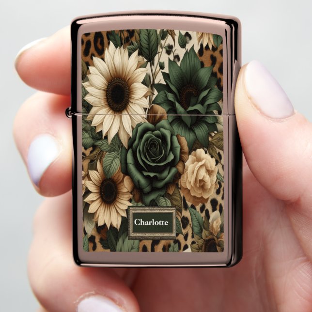 Rustic Sunflower Leopard Art: Black Border Zippo Lighter (In Hand)