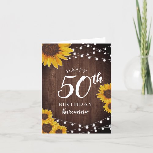 Rustic Sunflower  Lights 50th Birthday Card