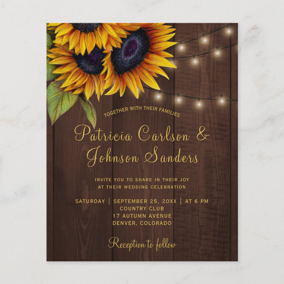 Rustic sunflower lights barn wood budget wedding flyer | Zazzle