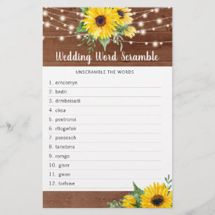 Rustic Sunflower Lights Bridal Shower Word Game