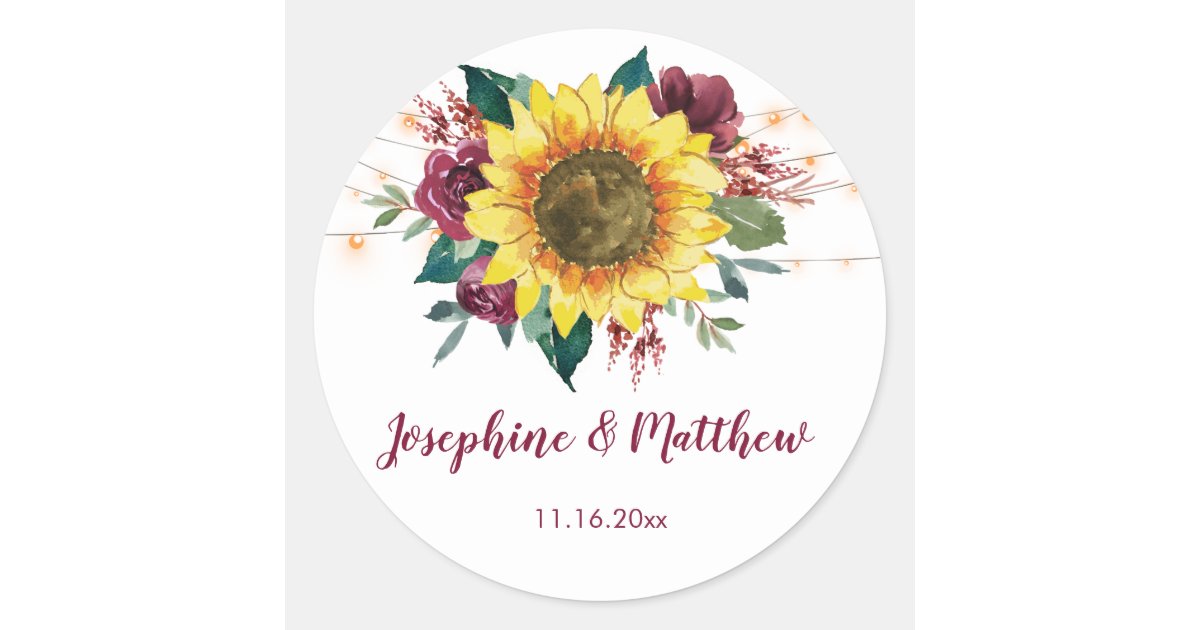 Rustic Sunflower Lights Floral Wedding Classic Round Sticker | Zazzle