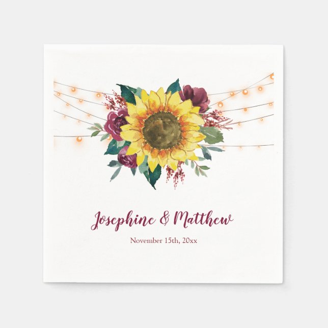 Rustic Sunflower Lights Floral Wedding Napkins (Front)
